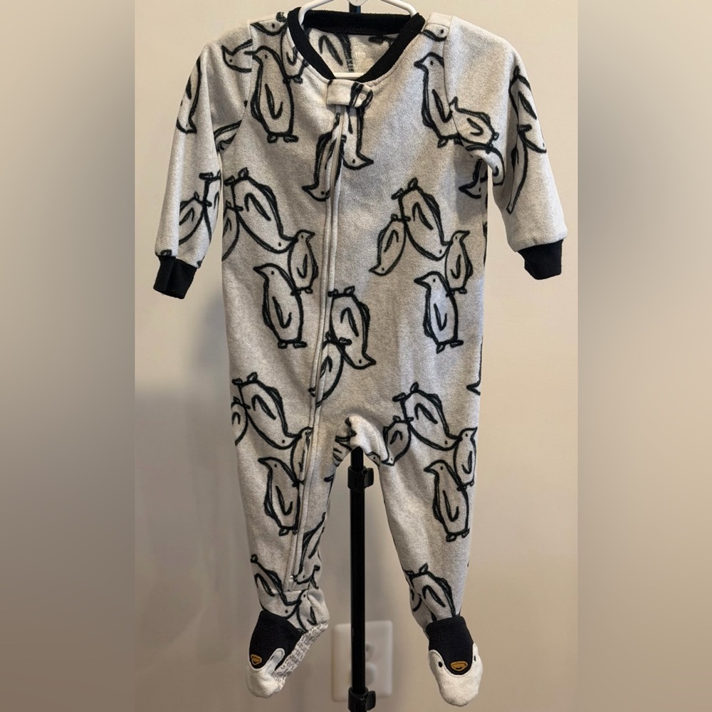 Carter's Gray Penguin Print Zippered Footed One-Piece